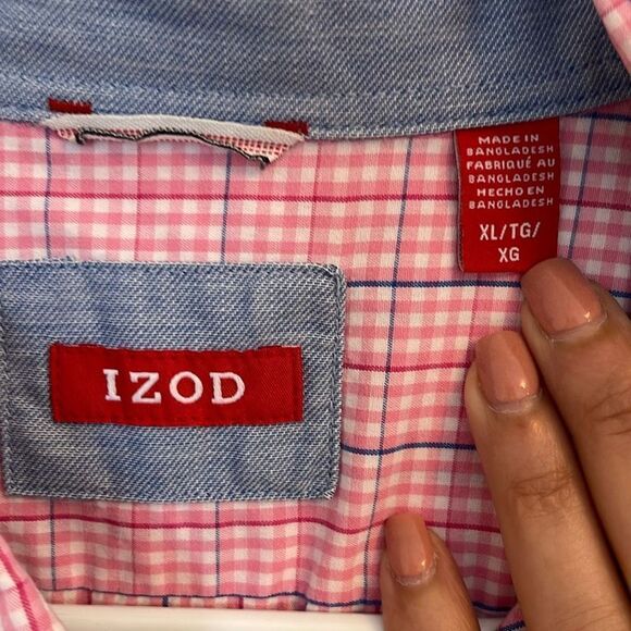IZOD Saltwater Button Front Short‎ Sleeve Shirt Size XL Pink Plaid - Picture 4 of 6